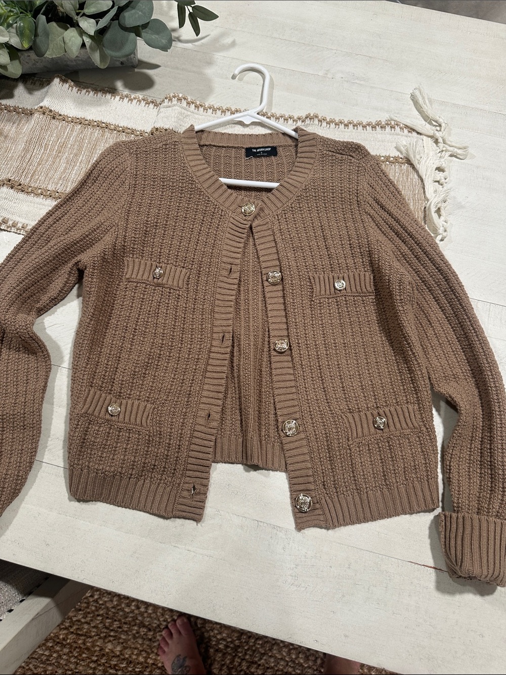 Waffle Knit Button-Front Cardigan in Taupe